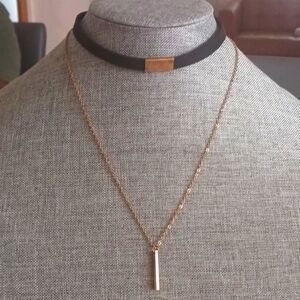 Faux Black Suede Choker w/ Metallic Chain (Worn Patina) - Pre-loved (12"-14")